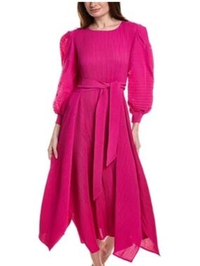 Women’s Fuchsia Pleated Puff-Sleeve Dress